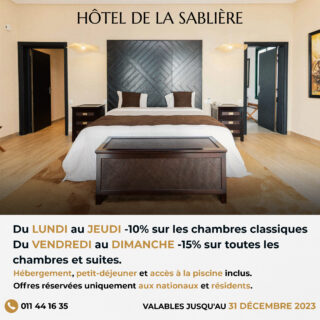Jusqu'au 31 Décembre 2023, profitez de nos offres de fin d'année sur les séjours à l'Hôtel de la Sablière.
Du LUNDI au JEUDI -10% sur LES CHAMBRES CLASSIQUES.
Du VENDREDI au DIMANCHE -15% sur TOUTES LES CHAMBRES ET SUITES.

Réservez dès maintenant au 011 44 16 35 ou par mail à l'adresse reception-lgh@luxurygreen-resorts.com

Offres réservées uniquement aux nationaux et résidents.
______________________________________

Until 31 December 2023, take advantage of our end-of-year offers on stays at the Hôtel de la Sablière.
From MONDAY to THURSDAY -10% off CLASSIC ROOMS.
From FRIDAY to SUNDAY -15% off ALL ROOMS AND SUITES.

Book now on 011 44 16 35 or by email at reception-lgh@luxurygreen-resorts.com

Offers reserved for nationals and residents only.

#hoteldelasabliere #libreville #Gabon #hotelerie #voyage #tourism #offre